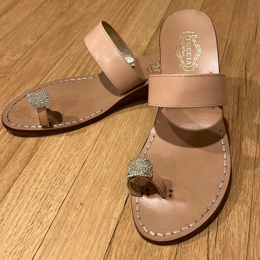 Tuccia Di Capri hand made leather sandal. Size 9. Nude color with rhinestones